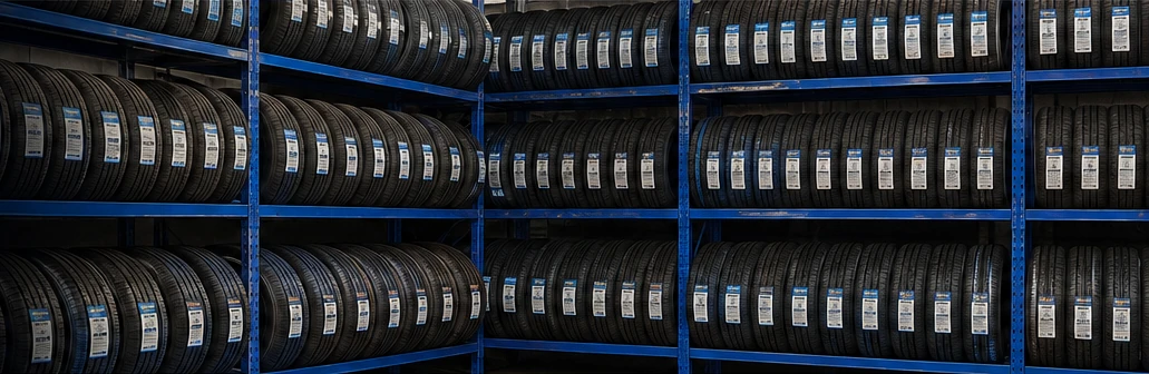 Close view of stocked tire shelves and racks